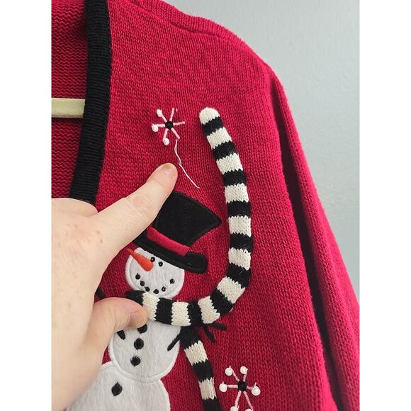 Mandal Bay Red Snowman Christmas Beaded Knit Cardigan Sweater Womans Size XL - Picture 4 of 6